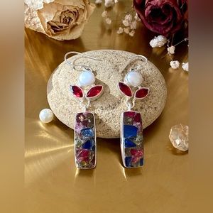 Spiny Copper Mix Stone, Garnet And Biwa Pearl Earrings